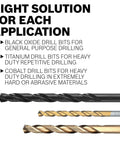 Set of three metal drill bits: black oxide, titanium-coated, and cobalt finishes; 5/64 in x 2 in.