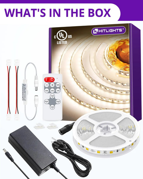 White LED Strip Lights Kit With Remote And 12V Power Supply, 16.4ft High-Density Dimmable Tape Light 4000K, 600 LEDs, 300 lm/ft, UL Listed, Flexible Rope Lights For Bedroom, Kitchen, Cabinets