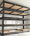 Heavy Duty Five Tier Garage Shelving Unit, 3080 Lbs Capacity, 24 Inch Deep Warehouse Shelves For Totes And Gear, Sturdy Steel Racking With Flat Overhang Free Shelves And Easy Assembly black steel five-tier shelving unit in garage