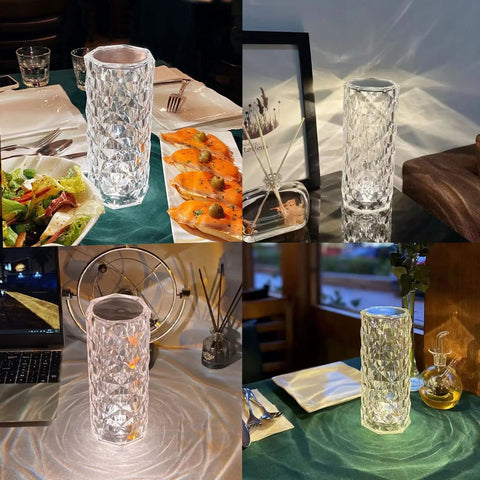 Four views of a rose crystal table lamp with 16 colors RGB lights, touch and remote control, USB rechargeable 2000mAh battery.