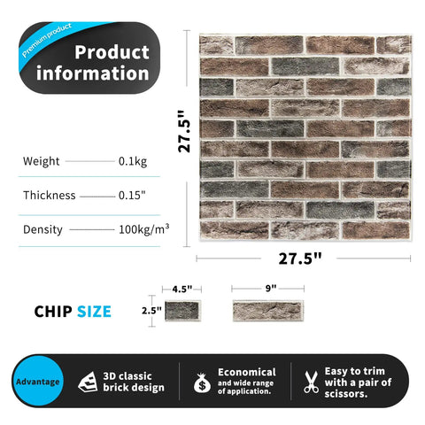 Peel And Stick Faux Brick 3D Wall Panels 10 Pack 52.5 Sq Ft In Gray Brown dimensions and features overview with chip size.