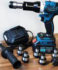 Pro Cordless Tapping Gun Machine With 21V Battery And ANSI Collets For M3 To M12 Taps, includes battery, charger, and collets.