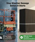 Side by side comparison of scissor lift without and with Heavy Duty Scissor Lift Cover 75 X 34 X 87 Inch Tough As Nails Aerial Guard.