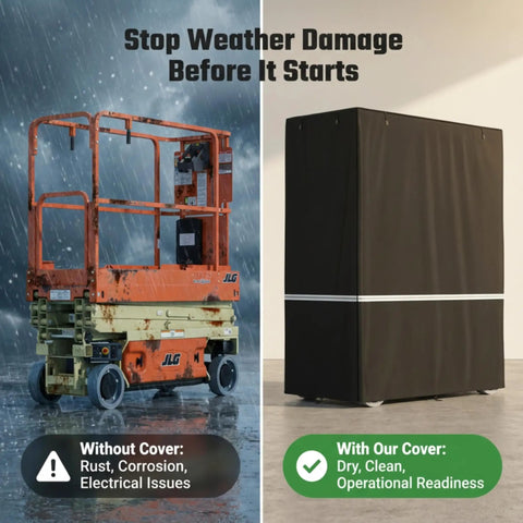 Side by side comparison of scissor lift without and with Heavy Duty Scissor Lift Cover 75 X 34 X 87 Inch Tough As Nails Aerial Guard.