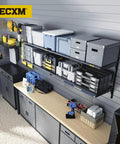 2-Pack Two-Tier Garage Shelving Wall Mounted in use, black shelves holding tools and storage bins against gray wall panels