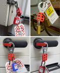 Lockout Tagout Hasp Kit, 12 Pack Tamper-Proof Stainless Steel Padlock Hasp in use on industrial equipment with safety tags