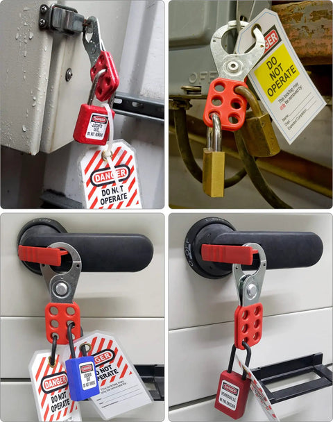 Lockout Tagout Hasp Kit, 12 Pack Tamper-Proof Stainless Steel Padlock Hasp in use on industrial equipment with safety tags
