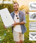 Man holding 26-Piece Grilling Tools Set in brown aluminum case, outdoor scene, gift choice, focus on handles and latches