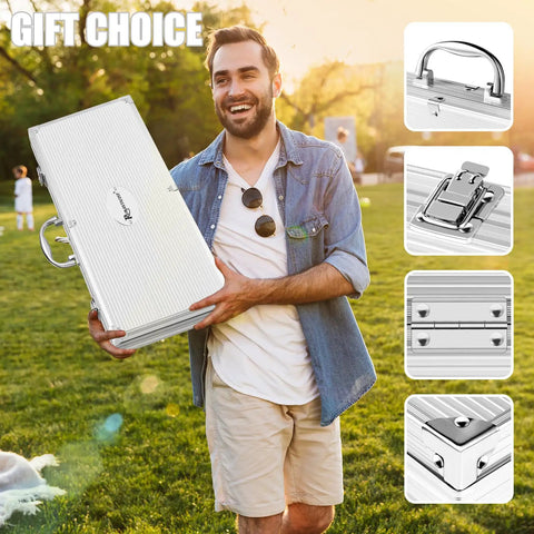 Man holding 26-Piece Grilling Tools Set in brown aluminum case, outdoor scene, gift choice, focus on handles and latches