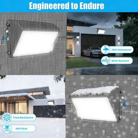 150W LED Wall Pack Outdoor Security Light With Dusk To Dawn Photocell 18000 Lumens 5700K mounted on building exteriors