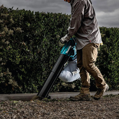 Person using 3-In-1 Cordless Leaf Blower Vacuum Mulcher, 18V LXT Brushless Tool in vacuum mode on gravel path