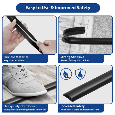 Diagram showing features of 4 Foot Floor Cord Cover Black For Single Cable Hiding And Cable Management Cord Hider To Prevent Trips
