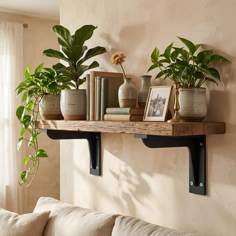 Heavy Duty L Shelf Brackets Set supporting wood shelf with plants and books, installed in a cozy living space.