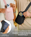 Two people using Sling Bag Crossbody Fanny Pack For Men And Women With Switchable Strap, RFID Blocking, showcasing hidden pocket.