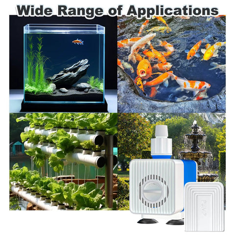 Fountain Pump 400GPH Submersible Water Pump 25W with 6 Point 5 Ft Cord displayed with applications in fish tanks, ponds, and gardens.