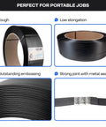 Top Shelf Half Inch By Seventy Two Hundred Foot Polypropylene Strapping Roll Hella Flexible And Tough For Light To Medium Pallet Wrapping And Cargo Securing Boss Grade Embossed Black Usa Made Tie Down Gear Straight Up displayed in multiple angles highlighting toughness and embossed finish.