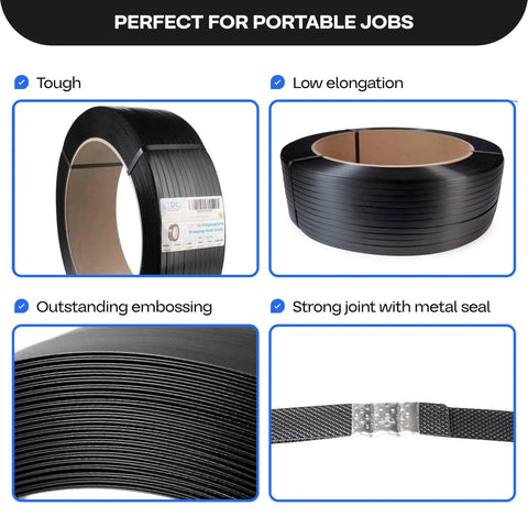 Top Shelf Half Inch By Seventy Two Hundred Foot Polypropylene Strapping Roll Hella Flexible And Tough For Light To Medium Pallet Wrapping And Cargo Securing Boss Grade Embossed Black Usa Made Tie Down Gear Straight Up displayed in multiple angles highlighting toughness and embossed finish.