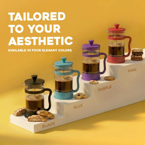 Four 34 Oz Borosilicate Glass French Press Coffee Makers with 4 Filter Sieve System, in black, blue, purple, and pink colors.