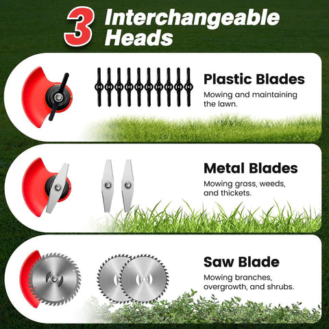 3 interchangeable heads for 24V Electric Weed Wacker With Wheels All In One Cordless Yard Boss