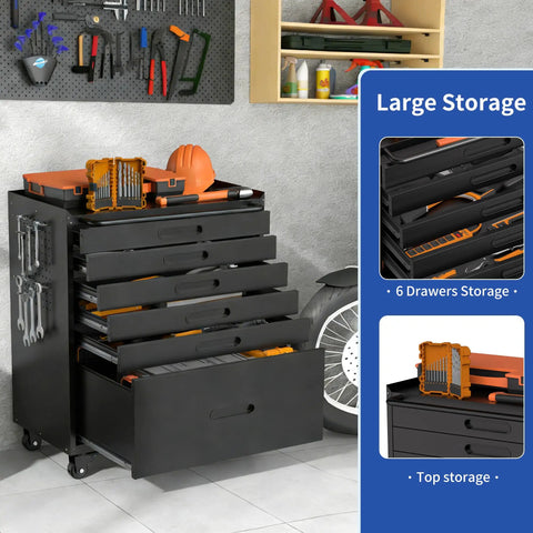 30-Inch Rolling Tool Cabinet With Lockable Caster Wheels And Full Extension Slides, Badass Mobile Garage Storage Chest For Shop Hustles, sleek black tool cabinet with six drawers and top storage.