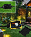 Two Pack Waterproof IP68 Outdoor Junction Box 2 Way Enclosure For Underground Lines Coaxial Cable Connector 5 To 15mm Wire Range Weatherproof Power Cord Box Black, shown installed in garden setup with opened view of internal connections; black color, suitable for outdoor wiring.