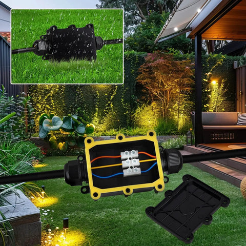 Two Pack Waterproof IP68 Outdoor Junction Box 2 Way Enclosure For Underground Lines Coaxial Cable Connector 5 To 15mm Wire Range Weatherproof Power Cord Box Black, shown installed in garden setup with opened view of internal connections; black color, suitable for outdoor wiring.