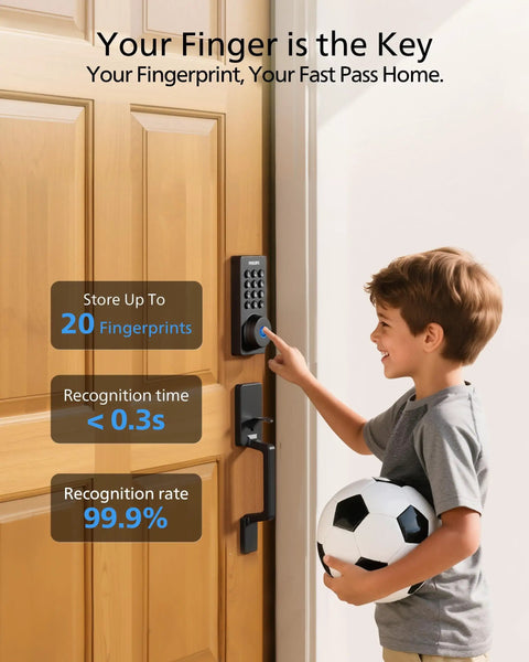 Child using Wi-Fi Smart Door Lock With Handle Set And Keypad Deadbolt For Front Door Fingerprint Keyless Entry App Remote Control