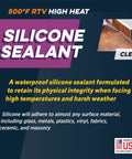 Front view of clear silicone sealant label; 500°F RTV high-heat, USA-made