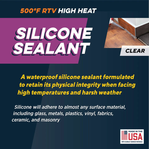 Front view of clear silicone sealant label; 500°F RTV high-heat, USA-made