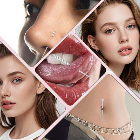 Ball Grabber Piercing Tool Kit For Jewelry In 14G To 20G Stainless Steel shown in use on nose, lips, and neck.