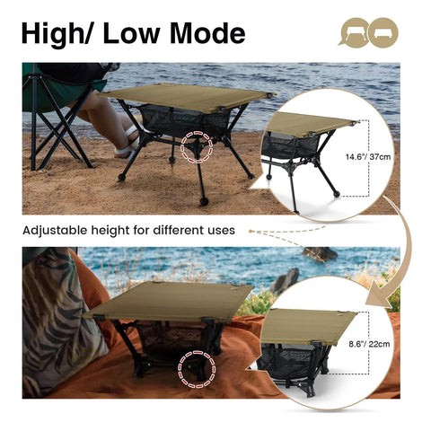 Dipper Camping Table Lightweight Portable Folding Table With Mesh Storage Net Adjustable High Low Heights setup on beach