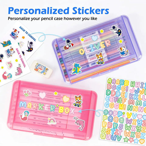 Double Layer Clear Hard Pencil Case With Snap Tight Lid For Pens Pencils Markers Crayons And Other School Office Supplies A Must Have Organizer Box With Plenty Of Room Standard Size Yellow; personalized with stickers.