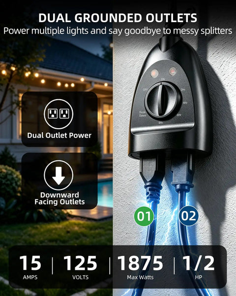 Slick Weatherproof Outdoor Light Timer With Dusk To Dawn Automatic Control and Two Grounded Outlet Plugs showing dual outlet power for easy connections.