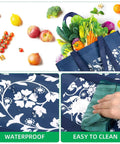 Foldable Reusable Grocery Bags Four Pack With Reinforced Handles And Waterproof Coating Heavy Duty Tote Bags, blue design with vegetables