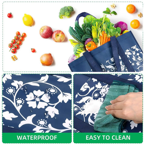 Foldable Reusable Grocery Bags Four Pack With Reinforced Handles And Waterproof Coating Heavy Duty Tote Bags, blue design with vegetables