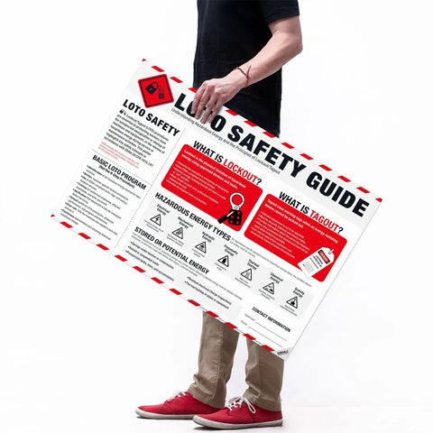 Man holding 18x24 waterproof Lockout Tagout Safety Poster for OSHA Hazardous Energy Control, LOTO Training, and Industrial Compliance.