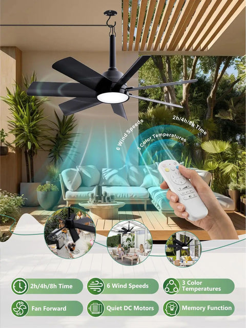 Person holding remote for 28 Inch Outdoor Ceiling Fan With Light And Remote Plug In Portable Waterproof Hanging Fan For Camping Patios Porch And RV With 6 Speeds Reversible 3000K To 6000K LED.