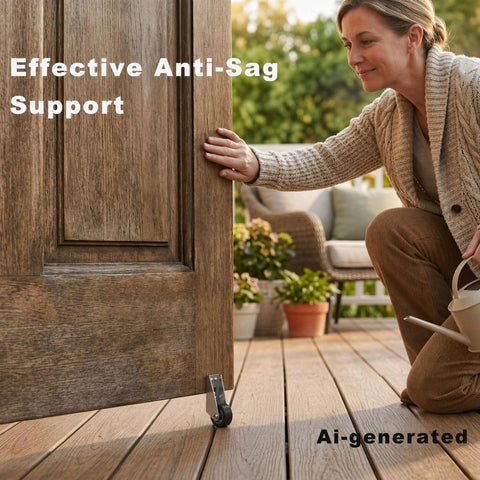 Smooth Out Saggy Doors Fast With These Heavy Duty Anti Sag Low Profile Rolling Casters Silent Bearing Replacement Rollers Knock Out Wobble And Keep Floors Pristine Pack Of Three Silver, shown on a wooden door.