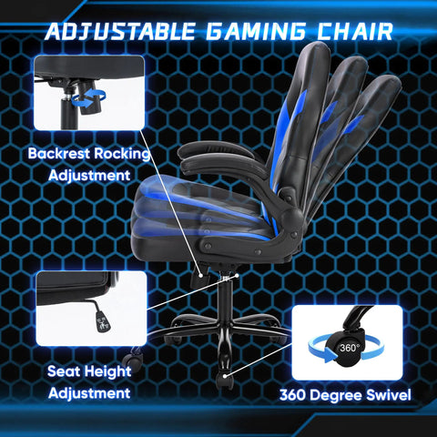 PU Leather Ergonomic Gaming Chair With Lumbar Support Flip Up Armrests 360 Degree Swivel Wheels Height Adjustable For Home Office Desk Black And Blue showing adjustments