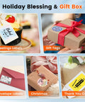 Collage of holiday gift packaging with label samples, including greetings labels, gift tags, envelope labels, Christmas wrapping, and thank you card.