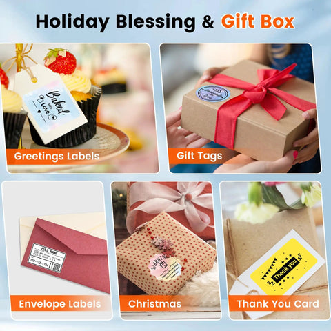 Collage of holiday gift packaging with label samples, including greetings labels, gift tags, envelope labels, Christmas wrapping, and thank you card.