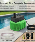 Above Ground Pool Cover Drain Pump 850 GPH Submersible With Built In Thermal Protection 16 Ft Hose 25 Ft Cord 3 Adapters Green