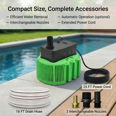 Above Ground Pool Cover Drain Pump 850 GPH Submersible With Built In Thermal Protection 16 Ft Hose 25 Ft Cord 3 Adapters Green