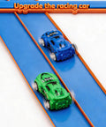 Two rebound cars on a Portable 15 Foot Flexible Race Car Track Set for Kids with One Sixty Four Scale Rebound Cars Rolls Up Track.
