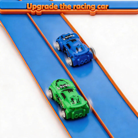 Two rebound cars on a Portable 15 Foot Flexible Race Car Track Set for Kids with One Sixty Four Scale Rebound Cars Rolls Up Track.