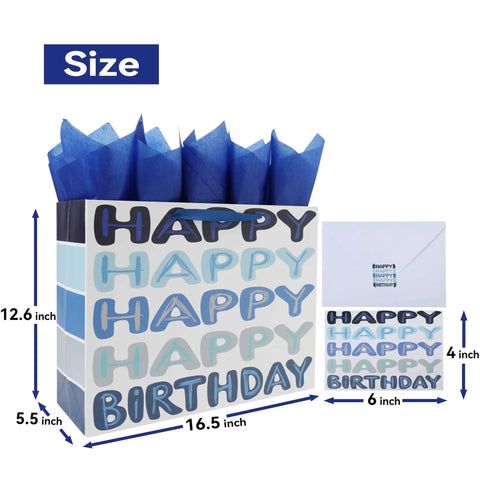 Extra Large 16.5 Inch Blue Birthday Gift Bag Set With Handles Including Greeting Card Tissue Paper And Stickers For Men Women Boys Girls Teens Kids Word Design With Happy Birthday Theme That Feels Totally Fun And Gift Ready