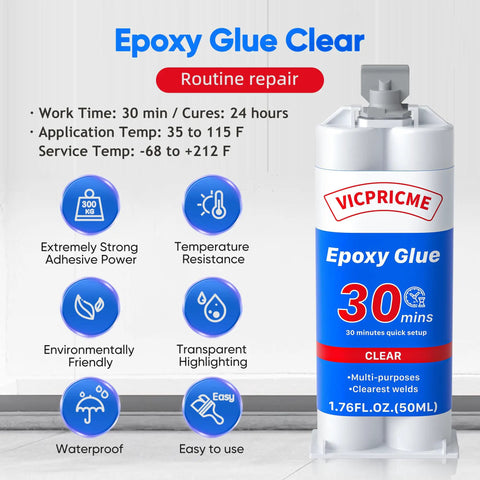 Clear Epoxy Glue For Plastic Metal Ceramics Wood And More 30 Minute Fast Setting Bond displayed with features