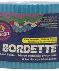 Azure Scalloped Decorative Border Roll, 2.25 X 50 Feet, product label close-up with fade-resistant and 3D design details