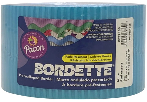 Azure Scalloped Decorative Border Roll, 2.25 X 50 Feet, product label close-up with fade-resistant and 3D design details