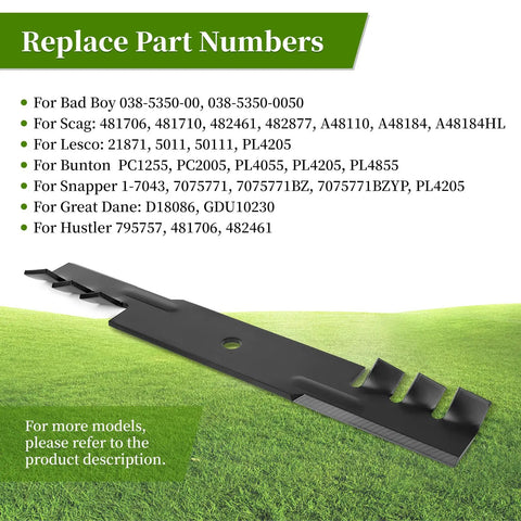Replacement part numbers for Three Pack Mower Blades For 48 Inch Decks Fit Hustler Bad Boy Scag Bunton Great Dane